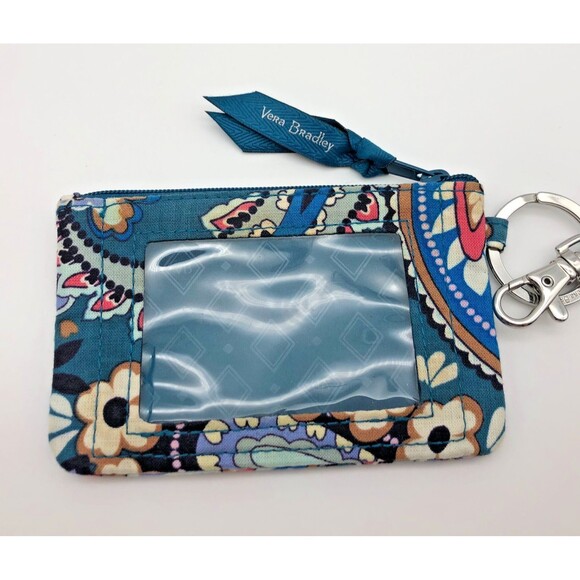 Vera Bradley Haymarket Paisley ID Wallet Keychain Blue Ring Zip Lanyard Strap - Picture 2 of 4